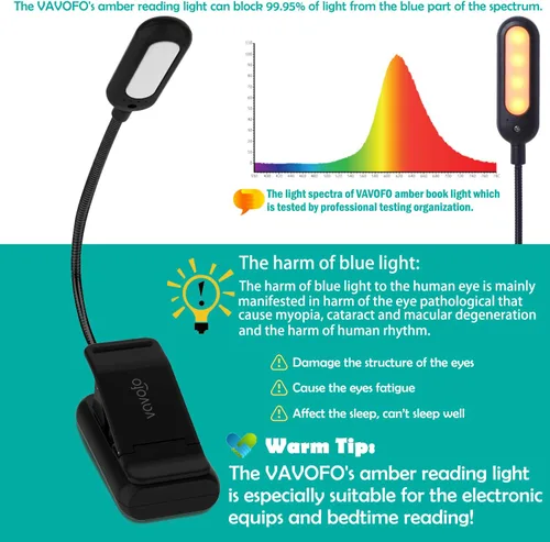 Miniatura 3 de VAVOFO Luz de lectura recargable ámbar, luz de libro con bloqueo de luz azul, 7 LED para el cuidado de los ojos, 9 colores, 9 brillos con clip