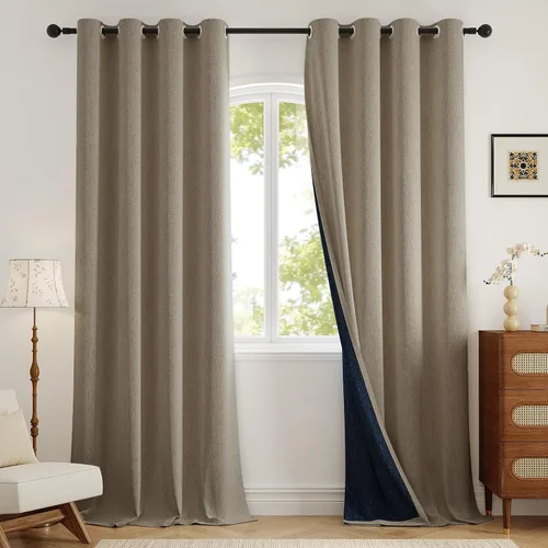 Miniatura 15 de Rinwoc - Cortinas 100% opacas gruesas y suaves de 2 paneles para dormitorio, aspecto de lino texturizado, bloqueo total de luz, cortinas