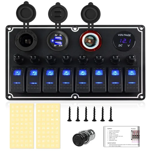 Miniatura 14 de Panel de Interruptores de Palanca Impermeable de 8 Posiciones con Cargador USB Dual y Voltímetro - Protección contra Sobrecarga para RV, Marina