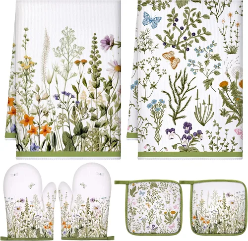 Leinuosen 6 Toallas de Cocina de Flores Silvestres Decoración y Accesorios de Cocina Set Toallas de Cocina Florales Planta Guantes de Horno y Verde