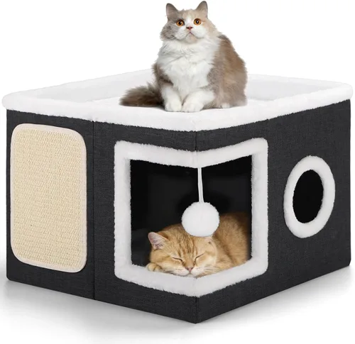 Miniatura 13 de Casa de Gato de 2 Pisos para Gatos de Interior, Separable en 2 Grandes Camas de Gato Cueva con Condominios Escondidos, Almohadillas para Rascar