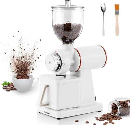Molinillo de café de Burr eléctrico, para uso comercial y doméstico, silencioso, pequeño, con tolva ajustable, con cepillo, cuchara, color blanco