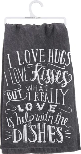 Primitives by Kathy I Love Hugs I Love Kisses - Toalla de cocina decorativa, color blanco/negro, cuadrado de 28 pulgadas