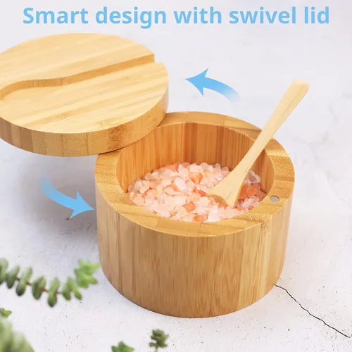 Miniatura 4 de HTB Salero de bambú con cuchara mini, caja de sal de cocina con tapa de cierre magnético giratoria, recipiente redondo de sal para guardar pimienta