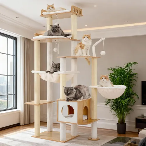 Miniatura 11 de Heybly Árbol para gatos, torre de madera de 70.5 pulgadas para gatos grandes de interior con estructura extra estable, muebles modernos para gatos