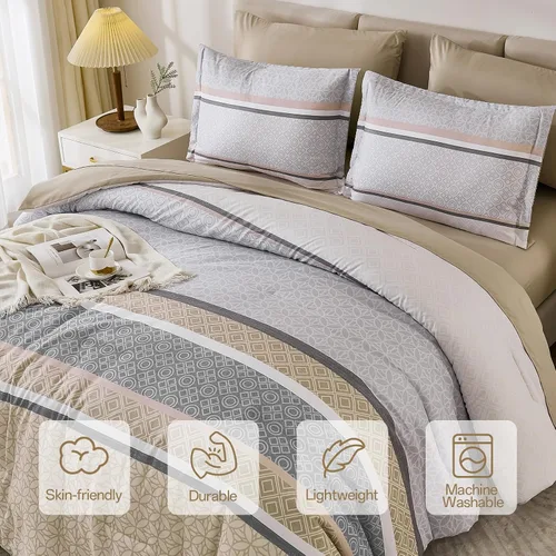 Miniatura 5 de WONGS BEDDING Juego de edredón Beige tamaño Queen, juego de 7 piezas de edredón y sábanas con tiras en una bolsa, juego de ropa de cama