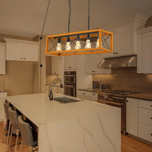 Miniatura 5 de Lámparas rústicas de cocina, lámpara de granja con cable de enchufe desmontable para comedor, mesa de billar, colgante rectangular lineal de madera