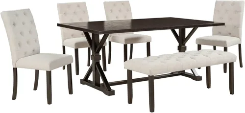 Miniatura 5 de KLMM Juego de mesa de cocina de 6 piezas de madera maciza de mediados de siglo con base de estante con patas cruzadas, 1 banco tapizado y 4 sillas