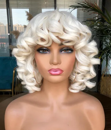 Miniatura 6 de Pelucas cortas y rizadas para mujeres negras, peluca rizada afro con flequillo, rizos sueltos, lindos rizos, pelo sintético para mujeres Negro