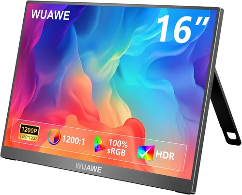 WUAWE Monitor Portátil de 16 pulgadas 1920x1200P 16:10 IPS Monitor de viaje para laptop con soporte integrado, control 100% sRGB USB-C HDMI,