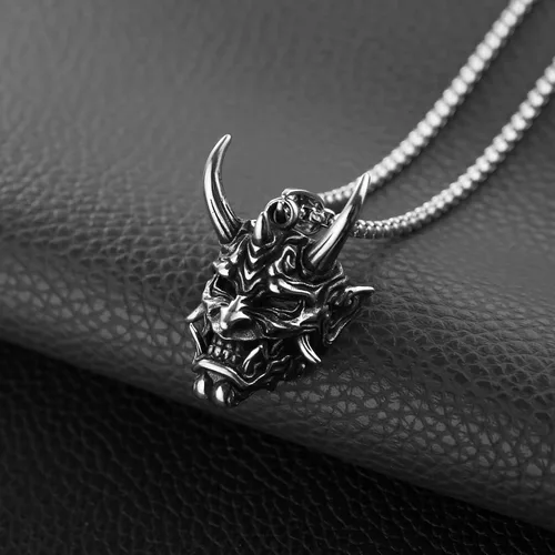 Miniatura 3 de HZMAN Collar gótico para hombre, máscara de Prajna, acero inoxidable, plata, malvado, demonio, fantasma, cuerno, calavera, colgante, Metal, No es