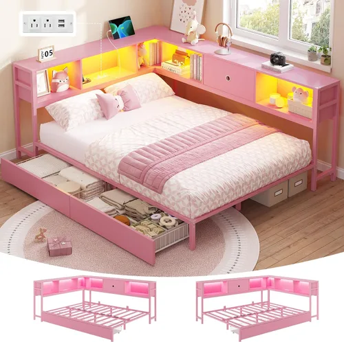 Miniatura 10 de DICTAC Marco de cama esquinero con 2 cajones de almacenamiento y cabecero de estantería individual XL, marco de cama de plataforma de metal con Negro