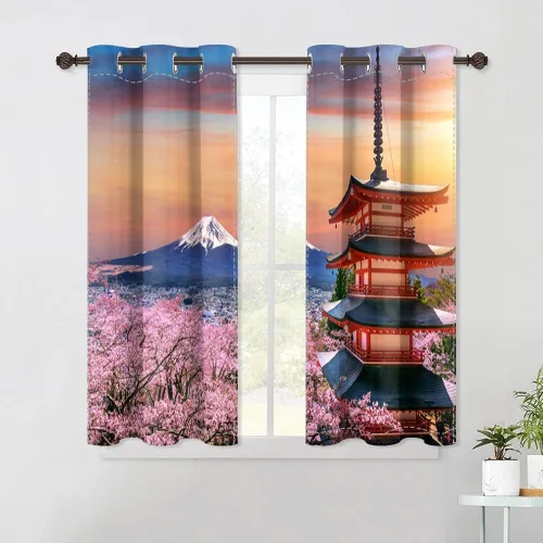 Miniatura 26 de Cortinas japonesas con pintura de tinta, monte Fuji, sol rojo, puesta de sol, hojas de bambú, cortinas de ventana para dormitorio, sala de estar