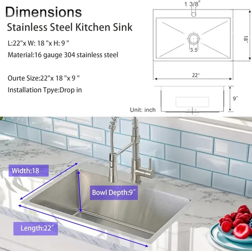 Miniatura 5 de VCCUCINE - Fregadero de barra de 13 x 15 pulgadas, fregadero de cocina pequeño de acero inoxidable hecho a mano, cuenco individual para exteriores
