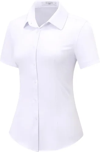 Miniatura 11 de Camisas con botones para mujer, de manga corta, elásticas, sin arrugas, para negocios, casual, oficina, blusa de trabajo