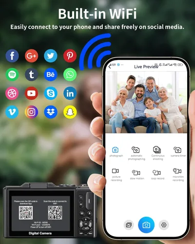 Miniatura 5 de Cámara digital 5K para fotografía con WiFi, cámara de vlogging Ultra HD de 75MP para YouTube con pantalla abatible de 180° de 3 pulgadas, cámaras