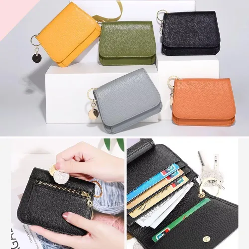 Miniatura 6 de Mudono - Billetera pequeña para mujer con bloqueo RFID, de cuero genuino, tarjetero, billetera delgada de tres pliegues con bolsillo con cremallera