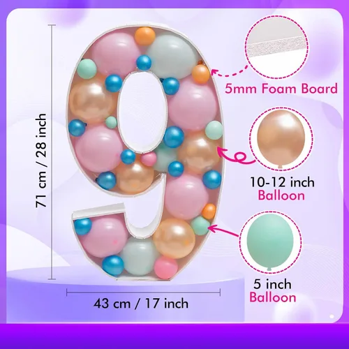 Miniatura 4 de JoyBox Design Marco de Globos en Mosaico Números 9 Tablero de Espuma Grande Precortado Letrero Troquelado para Telón de Fondo de Cumpleaños de Niño