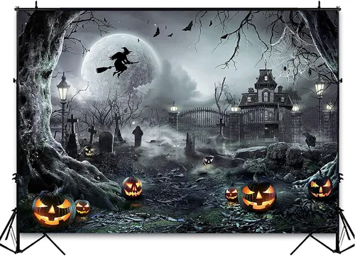 Miniatura 4 de Avezano Telón de fondo para fotografía de Halloween, luna llena, noche aterradora, castillo, calabazas, fondo de fiesta, espeluznante, bruja, Gris
