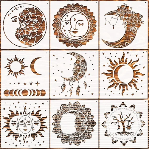 Zubebe 9 plantillas de pared de mandala sol y luna de 11 x 11 pulgadas, plantillas de azulejos de mandala de luna, sol, flores, plantillas de
