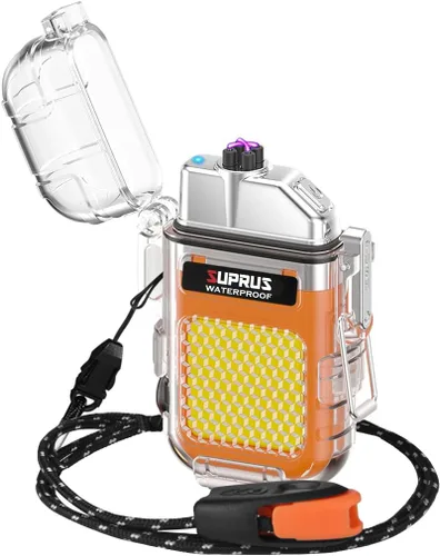Miniatura 11 de SUPRUS Impermeable 3 modos de linterna a prueba de viento, encendedor de doble arco eléctrico recargable de plasma de doble arco con silbato de Azul