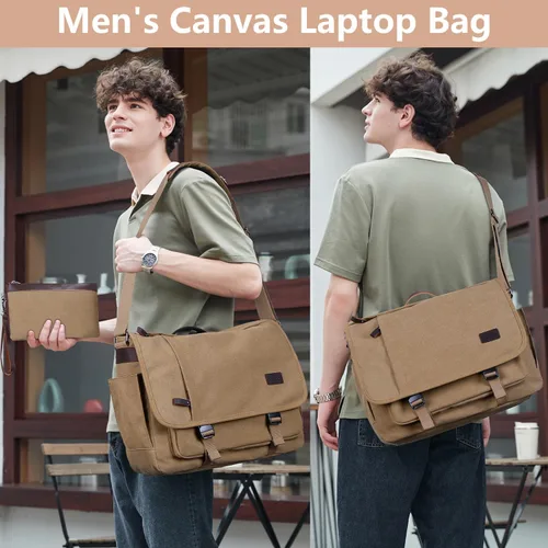 Miniatura 2 de NerIion Bolsa de Mensajero para Hombres de 17-17.3 Pulgadas, Bolsa de Laptop de Lona Resistente al Agua, Bolsa de Hombro, Maletín de Trabajo, Marrón
