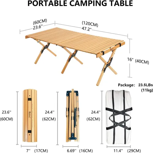 Trade Best Mesa de picnic baja portátil, plegable para playa con una bolsa de transporte, barbacoa enrollable de madera maciza para exteriores,