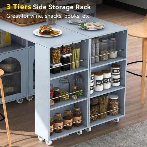 Miniatura 7 de K&K - Isla de cocina rodante con mesa extendida, luces LED, tomas de corriente, 2 puertas de vidrio, compartimento de almacenamiento, 3 estantes