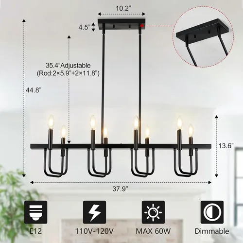 Miniatura 4 de Lámparas rectangulares para comedor sobre la mesa, candelabros modernos de estilo granja para comedor, candelabro lineal negro de 8 luces, luces