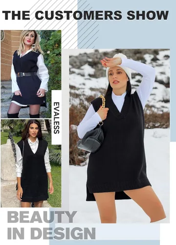 Miniatura 5 de EVLAESS - Chaleco de gran tamaño para mujer, cuello en V, sin mangas, color sólido, suéter suelto