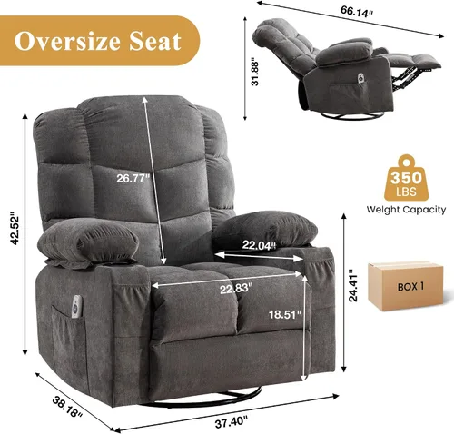 Miniatura 2 de MAHOMICO Swivel Rocker Recliner Chair with Vibration Massage and Heat for Living Room,with Rocking Function and Side Pocket, USB Charge Port,2 Cup