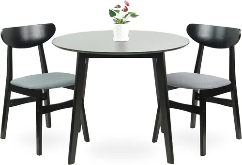 Miniatura 3 de Juego de 3 mesas redondas de cocina y 2 sillas laterales Yumiko de madera maciza con asiento acolchado