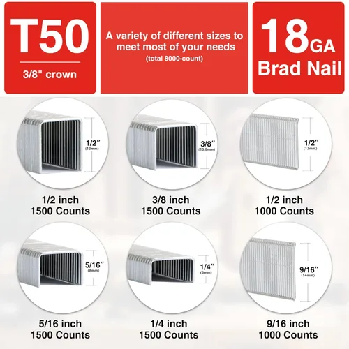 Miniatura 4 de SHALL Kit combinado de grapas T50 resistentes y clavos Brad 18GA, 8000 unidades, cuatro tamaños de grapas T50 para pistola de grapas, incluyendo
