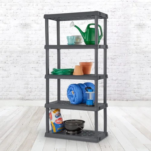 Miniatura 8 de Sterilite Paquete de 4 estantes con 5 estantes, estantes de almacenamiento resistentes para el hogar y el garaje, color gris, estantes organizadores