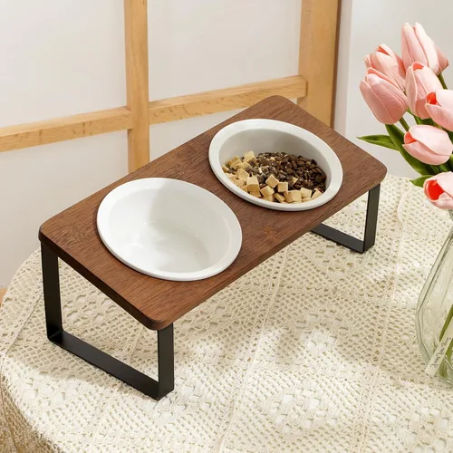 Miniatura 6 de Sunhoo Cuencos elevados de cerámica para gatos, platos elevados para cachorros para alimentos y agua, soporte de madera inclinado para gatos