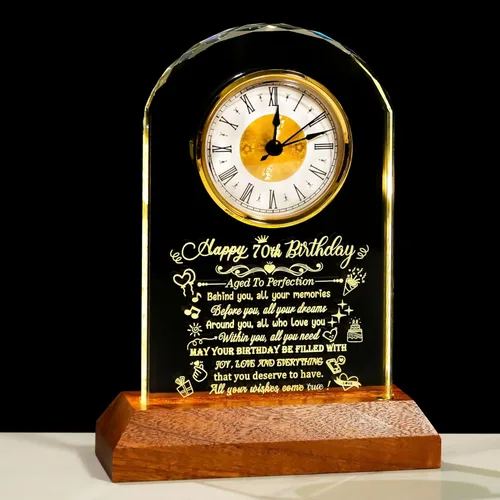 Miniatura 14 de Arikyrist Reloj de cristal de feliz cumpleaños 80 para hombres y mujeres, reloj de cuarzo con base de luz LED de madera, regalos de cumpleaños de 80