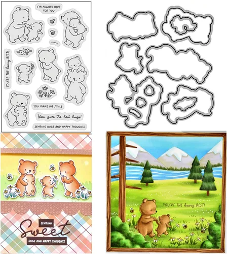 Bear Hugs - Juego de sellos y troqueles para hacer tarjetas, sellos transparentes y troqueles de corte de metal para álbumes de recortes,