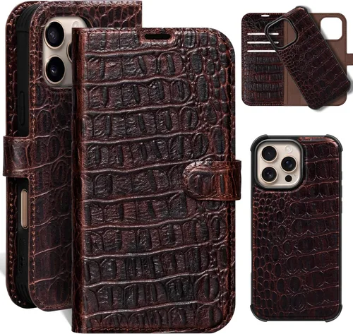Miniatura 12 de Funda de cuero compatible con iPhone 16 Pro Max Cartera 6.9", cuero genuino 2 en 1, magnética, desmontable, a prueba de golpes, funda tipo folio