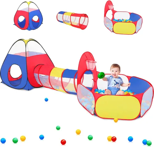 PigPigPen Tienda de campaña 3 en 1 para niños con túnel de juego, pozo de bolas, aro de baloncesto para niños y niñas, juguete de casa de juegos