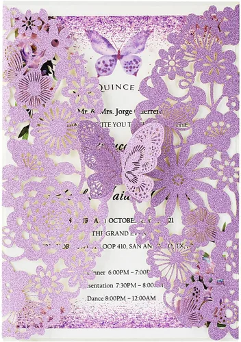 Miniatura 9 de Hosmsua 50 invitaciones de quinceañera de mariposa azul rey y sobre de 5.12 x 7.3 pulgadas, corte láser, flora de encaje, invitación de quinceañera