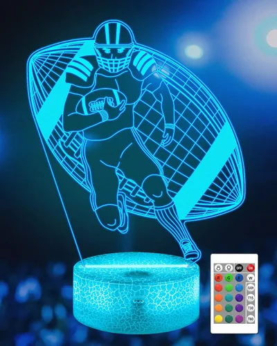 Attivolife Luz nocturna de jugador de fútbol americano para niños, lámpara LED de ilusión de rugby 3D, 16 colores cambiantes con control remoto y