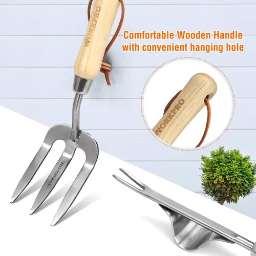 Miniatura 5 de WORKPRO Juego de herramientas de jardín, 8 piezas, herramientas de jardinería resistentes de acero inoxidable con mango de madera, incluyendo bolsa