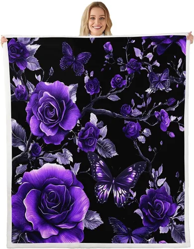 Miniatura 18 de Manta de franela azul rosa para todas las estaciones, manta de cama gótica de mariposa para decoración del hogar kawaii, manta rústica con flores