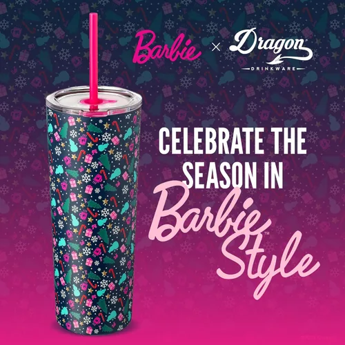 Miniatura 7 de Dragon Glassware x Barbie - Taza aislada de acero inoxidable de 24 oz con tapa y 2 popotes - Taza de viaje festiva para café con temática navideña