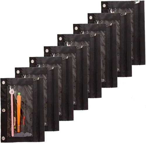 Carpeta de tela con cremallera, 3 anillos con ventana transparente para organizadores de aula escolar, paquete de 8 unidades (negro)
