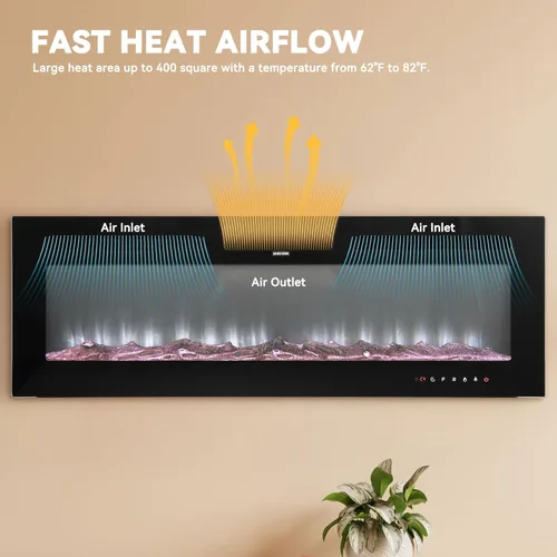 Miniatura 2 de Chimenea eléctrica montada en la pared y empotrada de 60 pulgadas con control remoto temporizador de 8 horas, 12 llamas, pantalla táctil, calentador