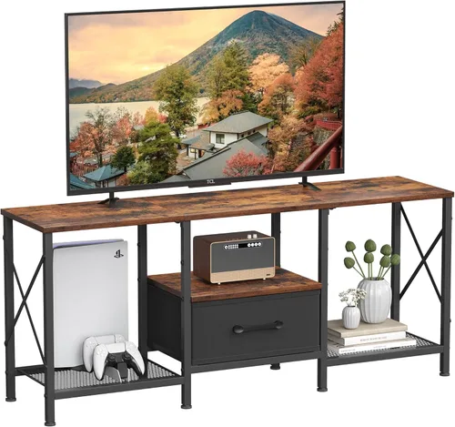 Miniatura 11 de JARHETUN - Soporte de TV con cajón de tela, centro de entretenimiento para TV de 50 55 pulgadas, consola de TV industrial con estantes de Negro