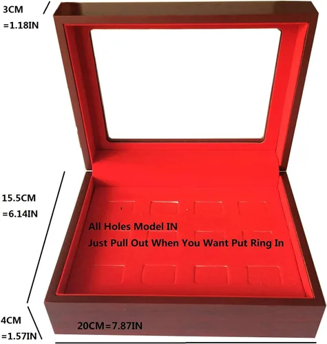 Miniatura 4 de JunningGor 12 Agujeros Campeonato Big Heavy Ring Display Case Joyero de madera Terciopelo Rojo Interior (Rojo)