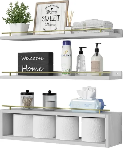 Miniatura 11 de WOPITUES Estantes flotantes para pared con estante de cubo, estantes de pared con riel de metal para decoración de baño, organizadores