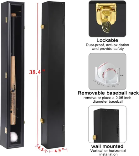 Miniatura 3 de HOROW Vitrina de bate de béisbol – Marco de madera de montaje en pared de bate de béisbol con soporte de puerta transparente acrílico para gabinete